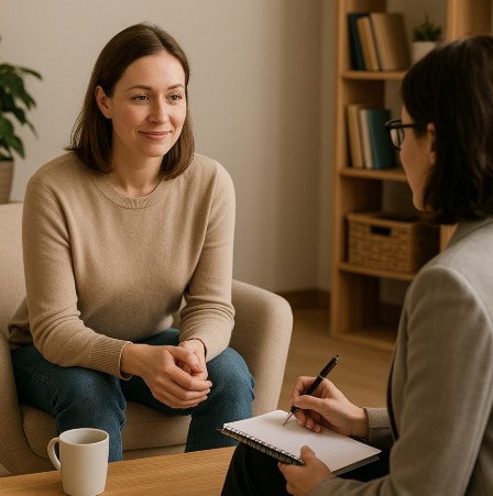 Entretien entre une mère et un psychologue à Aubagne illustrant la guidance parentale et l’accompagnement des familles en difficulté.